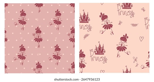 Seamless pattern with cute princess girls, magic wands, castles, hearts and butterflies. Hand-drawn fairytale design for kids fashion, nursery prints and girl’s dream themes.