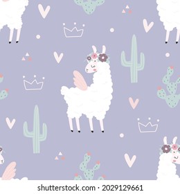 Seamless pattern with cute princess llama and cactus on a colored background. Vector illustration for printing, on fabric, packaging paper, clothing. Cute children's background