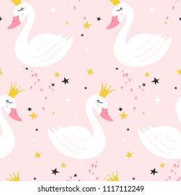 Seamless pattern with cute princess swan on pink background. Vector illustration