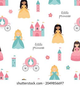 Seamless pattern with cute princesses, castle, carriage. Vector children's illustration. Suitable for background, printing on fabric, wallpaper, wrapping paper.