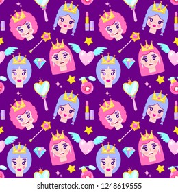 Seamless pattern with cute princesses, diamonds,hearts,mirrow and stars on white background