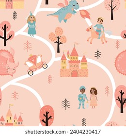 Seamless pattern with cute cute princesses, princes, castles on the map. Ideal for printing on fabric or paper.