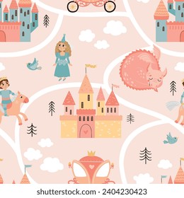 Seamless pattern with cute cute princesses, princes, castles on the map. Ideal for printing on fabric or paper.