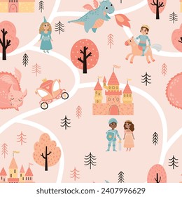 Seamless pattern with cute cute princesses, princes, castles on the map. Ideal for printing on fabric or paper.