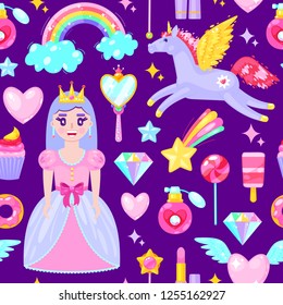 Seamless pattern with cute princess,unicorn,clouds,hearts and other cartoon elements.