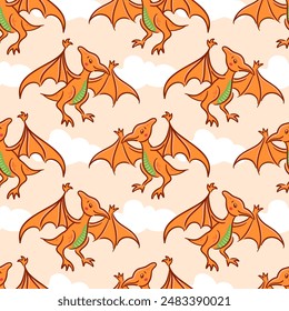 Seamless pattern cute pterosaur in Asian kawaii style. Pteronadon, pterodactyl. Dinosaur, prehistoric lizard, mascot. Cartoon character Funny vector illustration for wallpaper, fabric, wrapping