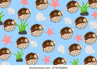 Seamless Pattern of Cute Puffer Fish and Sea Life