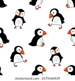 A seamless pattern with cute puffin birds. Nordic seagull baby print.