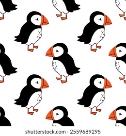 A seamless pattern with cute puffins. A fun print with Atlantic bird. Wrapping, wallpaper, background, poster, textile, notepad cover, texture template.