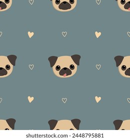 Patrón sin fisuras con lindos perros pug. Fondo con cabezas de pug. Patrón para el embalaje de los regalos, fondos de la tela de azulejos. Muestra para el Sitio web. Ilustración vectorial en gris azul