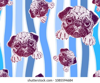 Seamless pattern with cute pug puppy and colorful stripes.