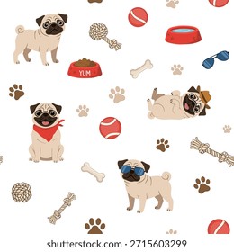 Patrón sin fisuras con lindos pugs y accesorios para perros. Cachorros divertidos, juguetes, cuencos, huesos y bolas Ilustración vectorial sobre fondo blanco para tela y papel de regalo.