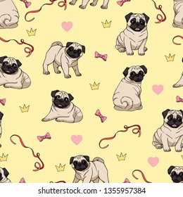 Seamless pattern with cute pugs and doodles on light yellow background. Endless texture with funny dogs in different poses for your design