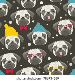 Seamless pattern with cute pugs faces. Vector illustration of winter animals around snow.