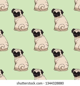 Seamless pattern with cute pugs on light green background. Endless texture with funny dogs for your design