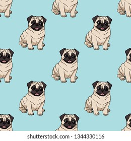 Seamless pattern with cute pugs on light blue background. Endless texture with funny dogs for your design
