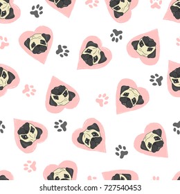 Seamless pattern with cute pugs and pink hearts. Vector background with dogs.