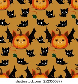 Seamless pattern with cute pumkin and black little cat.