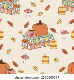 seamless pattern with cute  pumpkin and books