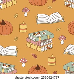 seamless pattern with cute  pumpkin, books, candle