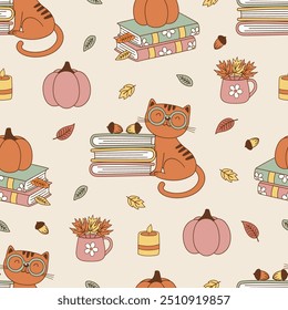 Patrón sin fisuras con la calabaza linda, libros, gato