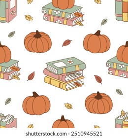 seamless pattern with cute pumpkin, books