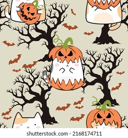 Seamless pattern cute pumpkin cats. Silhoutte of scary bat and tree. Design for background, wallpaper, wrapping, printing, fabric, apparel and all your creative projects