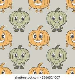 Seamless pattern, cute pumpkin characters in pastel autumn colors. Children's background. Illustration