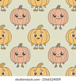 Seamless pattern, cute pumpkin characters in pastel autumn colors. Children's background. Illustration