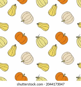 Seamless pattern with cute pumpkin doodle style. Autumn harvest. Background for sewing children clothing and printing fabric. Wrapping paper Halloween holiday.