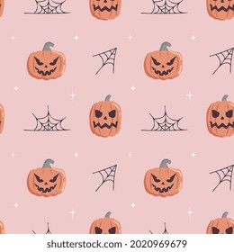 Seamless pattern with cute pumpkin, spider web, stars on pink background. Cartoon flat vector style. Baby texture for fabric, wrapping, textile, wallpaper, clothing, greeting cards.