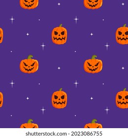 Seamless pattern with cute pumpkin, stars on purple  background. Cartoon flat vector style. Baby texture for fabric, wrapping, textile, wallpaper, clothing, greeting cards.
