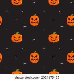 Seamless pattern with cute pumpkin, stars on dark  background. Cartoon flat vector style. Baby texture for fabric, wrapping, textile, wallpaper, clothing, greeting cards.
