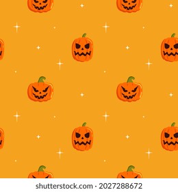Seamless pattern with cute pumpkin, stars on yellow  background. Cartoon flat vector style. Baby texture for fabric, wrapping, textile, wallpaper, clothing, greeting cards.
