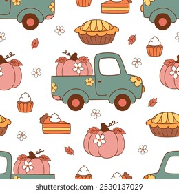 seamless pattern with cute pumpkin, truck, cake