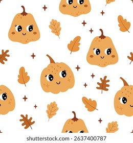 Seamless pattern with cute pumpkins and autumn leaves. Seasonal hand drawn vector design in flat style for kids.