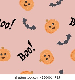 Seamless pattern with cute pumpkins and bat for Halloween. Vector illustration.