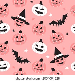 Seamless pattern with cute pumpkins and bats on pink background. Halloween design for fabric and paper, surface textures. Pastel colors design.