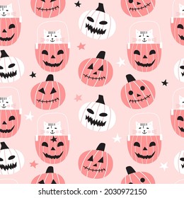 Seamless pattern with cute pumpkins and cats on pink background. Halloween design for fabric and paper, surface textures. Pastel colors design.