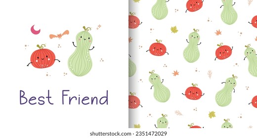 Seamless pattern with cute pumpkins. Halloween cartoon background. Vector illustration. Design for print, textile, fabric, wallpaper, background, wrapping, card