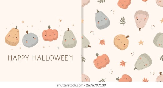 Patrón sin fisuras con calabazas lindas. Fondo de otoño de Halloween. Color pastel. Diseño para la tela, la materia textil, los niños y la ropa del bebé, papel de embalaje, Fondo de pantalla y etc