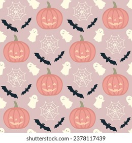 Seamless pattern with cute pumpkins and happy ghosts on pink background.