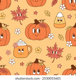 seamless pattern with cute  pumpkins, mug, leaf