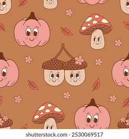 seamless pattern with cute  pumpkins, mushroom, acorn