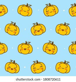 Seamless pattern with cute pumpkins on blue - cartoon background for funny Halloween autumn textile or wrapping paper design