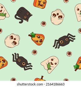 Seamless pattern with cute pumpkins, skulls, spiders, ghosts, cats. For your Halloween design. Symbols of a happy Halloween holiday. Vector illustration