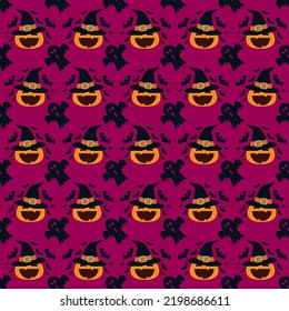 Seamless pattern cute pumpkins wear witch hat with bats and ghosts on purple background.