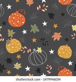 Seamless pattern cute pumpklin and leaf with star,illustration vector  doodle comic art.