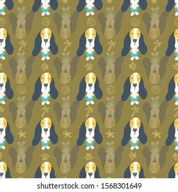 Seamless pattern of cute puppies and dogs on vacation enjoying summertime. Illustration arranged in line or stripes. Surface design.