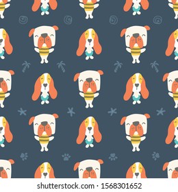 Seamless pattern of cute puppies and dogs on vacation enjoying summertime. Pattern arranged in stripes style or lined up on cool blue background. Surface design.